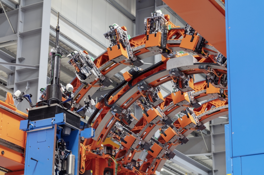 An automated assembly of an early airframe.