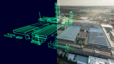A conceptual factory split in half between a real and virtual version.