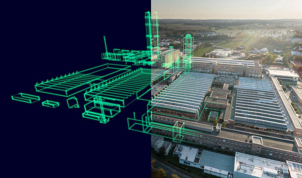 A conceptual factory split in half between a real and virtual version.